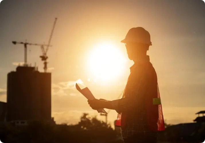 Engenheiro de capacete observando canteiro de obras ao entardecer