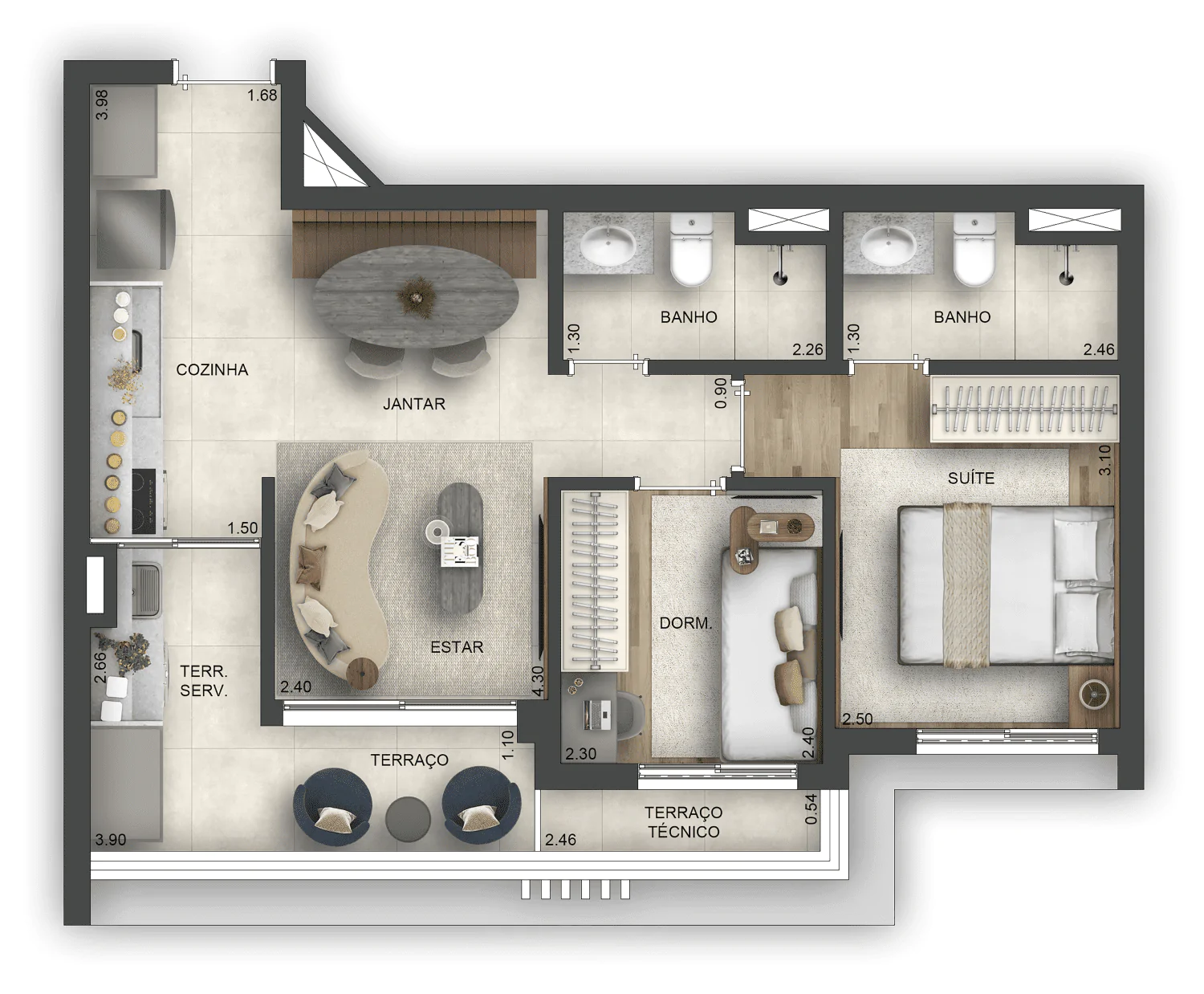 Planta tipo 2 Dorms. – 55 m²